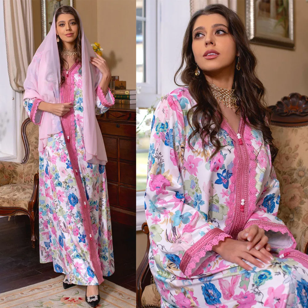

Pink Printed Flowers Eid Muslim Women Dress V-neck Lace Abaya Hijab Set Party Robe Elegant Floral Prayer Ramadan Kaftan Jalabiya