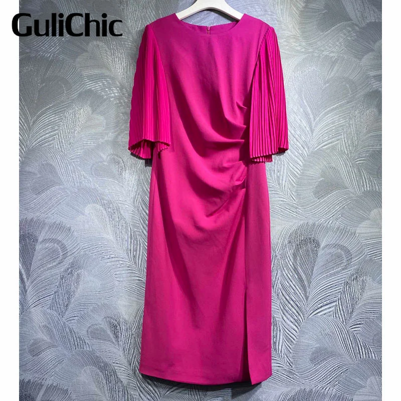 

7.15 GuliChic Women Fashion Simple Solid Color O-Neck Pleated Sleeve Asymmetrical Folds Collect Waist Hem Split Elegant Dress