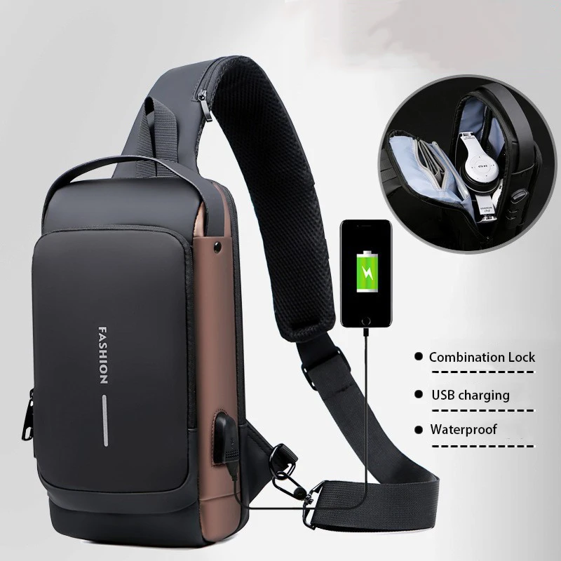 

Chest Men Pack Casual Multifunction Patent Bag Mal Men Crossbody Travel Bag Leather Charging Anti-theft Waterproof Bag Chest