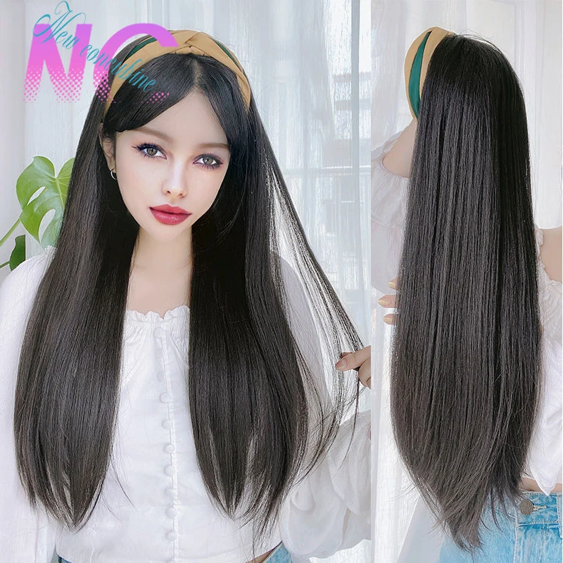 New Concubine Long Straight Hair Synthetic 3/4 Headband Wig Natural Black Dark Brown High Temperature Heat Resistant Wig