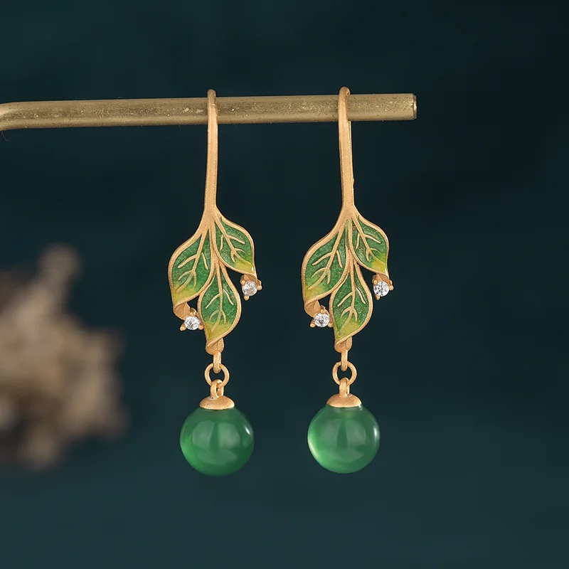 

New China Style Classical Accessories Earrings Ancient Gold Plated Green Leaf Natural Jade Beads Ear Hooks Earrings for Women