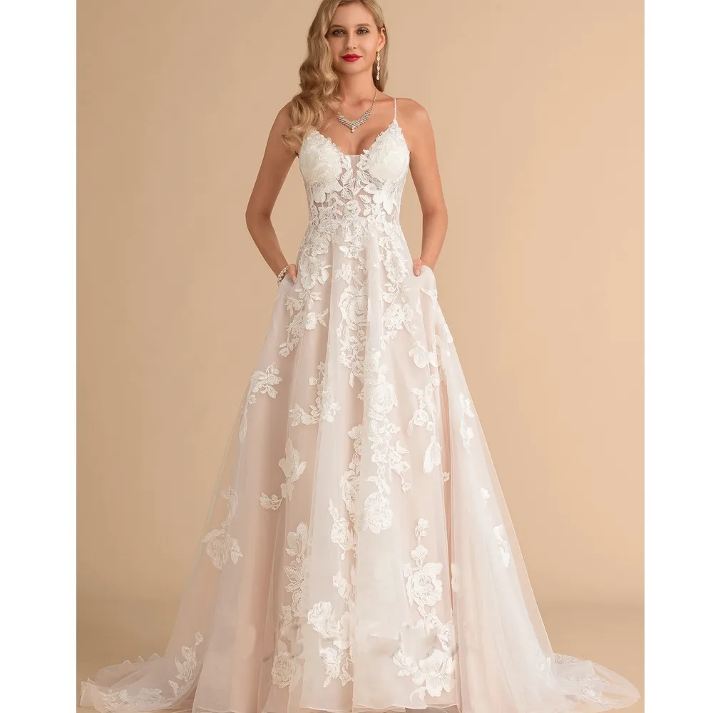 

Vestidos de Novia A-Line Tulle V-neck Bead Criss-Cross Back Sequins Appliques Sweep Train Wedding Dress Plus Size with Pocket