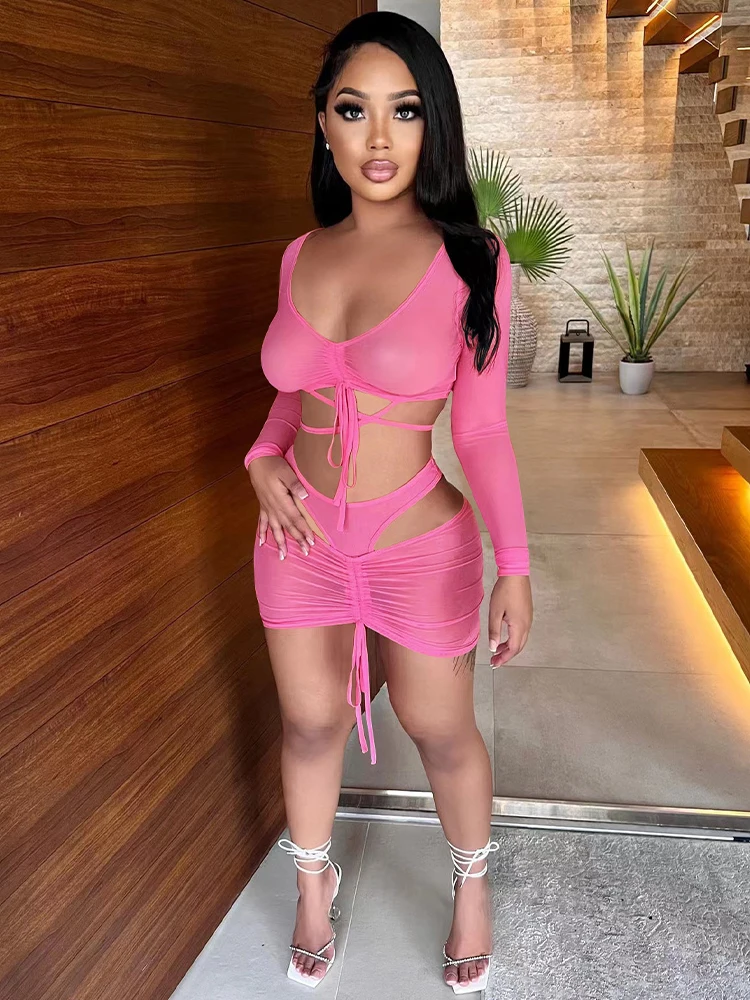 

Женское Прозрачное платье из сетчатой ткани, розово-коричневое Полупрозрачное платье из двух предметов, короткий топ с длинным рукавом и глубоким вырезом и юбка с рюшами