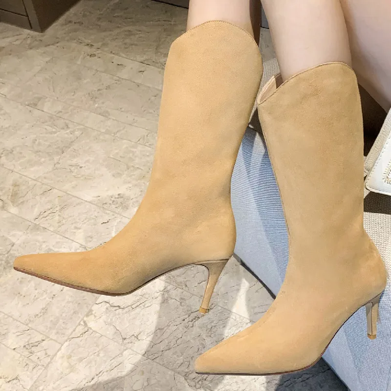 

Dilalula Women Mid-Calf Boots Elegant Fashion Concise Cow Suede Leather Pointed Toe Thin High Heels Shoes Woman Western Boots