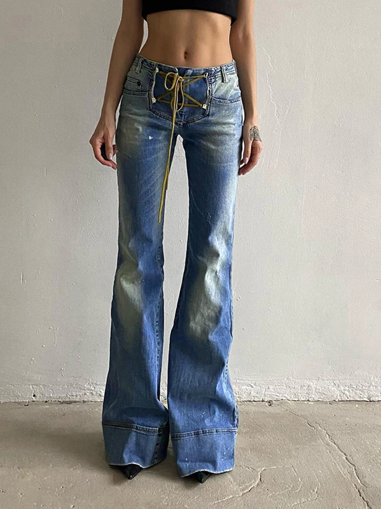 

Винтажные расклешенные брюки YIKUO Y2K, уличная одежда в эстетике с низкой талией, модные шикарные джинсы с карманами и контрастной строчкой, же...