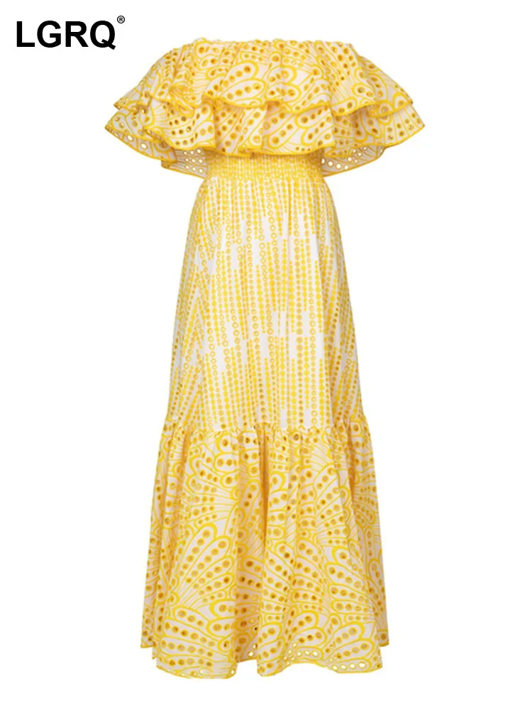 

LGRQ Fashion Embroidery Dress For Women Slash Neck Short Sleeve High Waist Cut Out Midi Dresses Female Tide 2023 Summer 19J4274