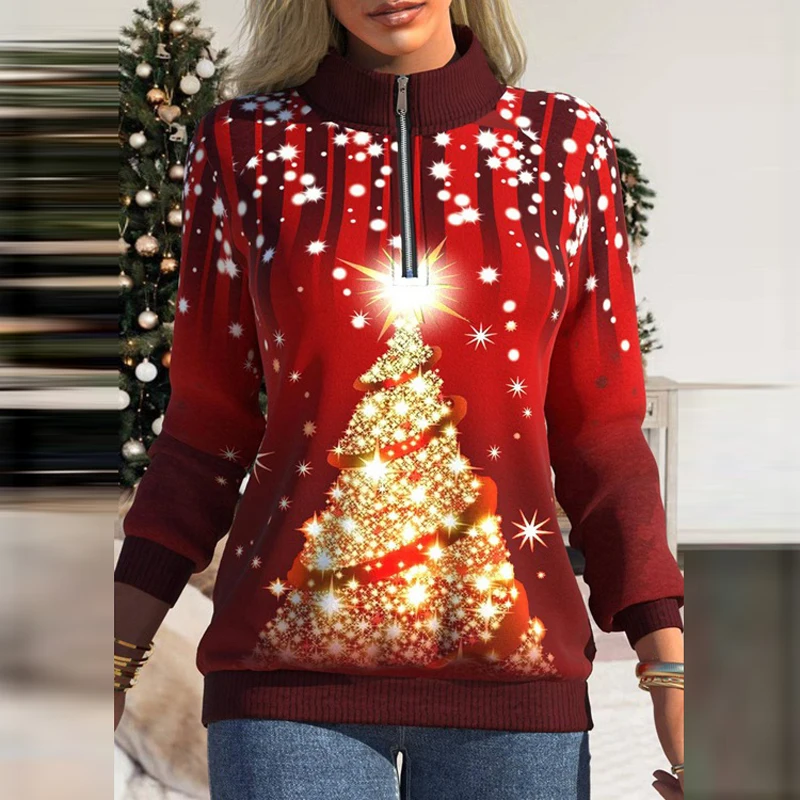

Winter Christmas Print Loose Women Pullover Fashion Gradual Office Lady Tops Casual Zipper Half High Neck Long Sleeve Sweatshirt