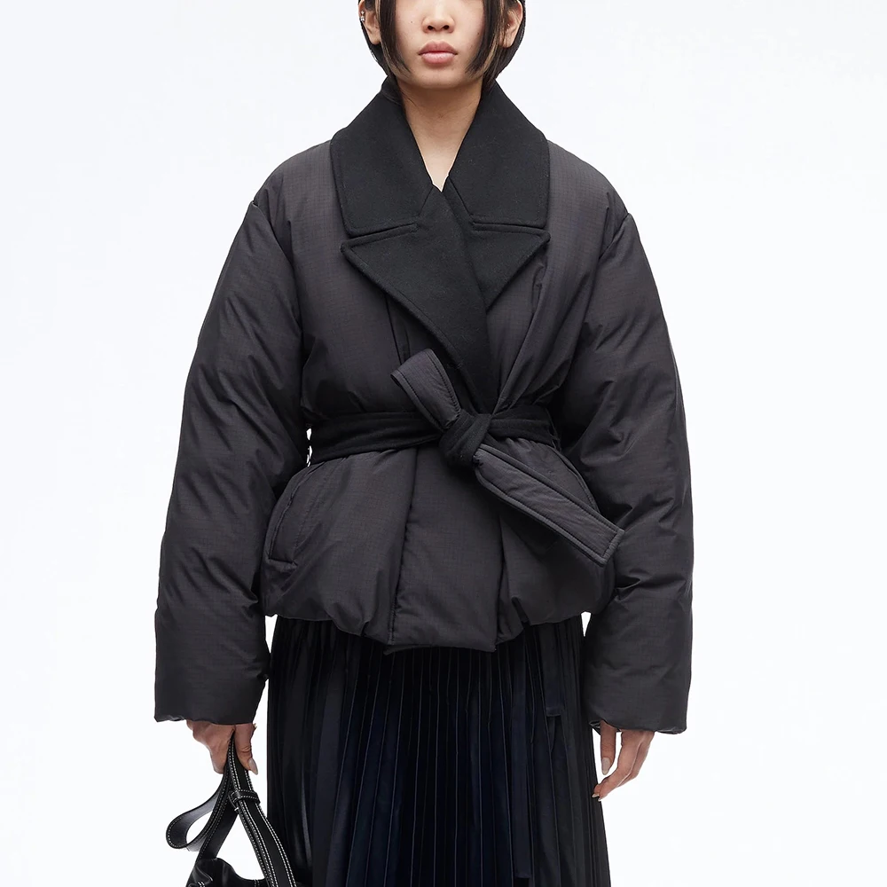 

Women's Down Jacket 2023 Fall & Winter New Y2k White Duck Down Tweed Collar Tie Waist Coat Top Fashion Hundred Warm Down Jacket