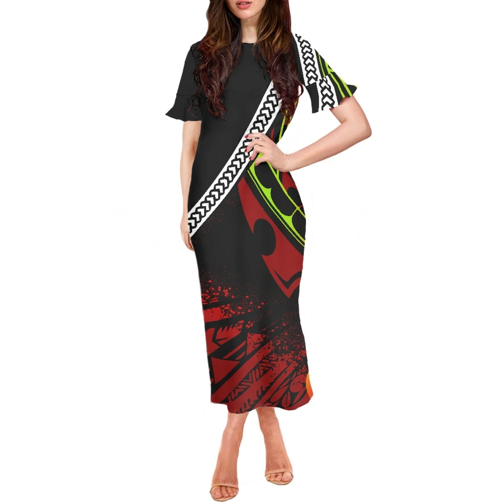 

Chic And Elegant Samoa Polynesian Clothing Woman Summer Fashion Party Tattoo Print Short Ruffle Sleeve O-Neck Sexy Long Dress