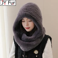 Hot Sale New Women Real Knitted Rex Rabbit Fur Hat Hooded Scarf Long Winter Warm Fur Hat With Neck Collar Scarves Hat Scarf
