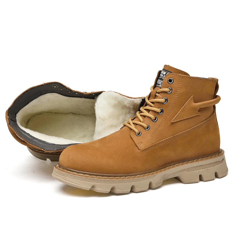 

Мужские кожаные ботинки на меху, коричневые ботинки с нескользящей подошвой, Повседневная мотоциклетная обувь, размеры 38-44, для зимы, 2019