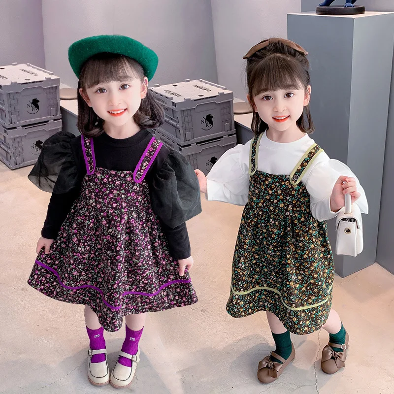 

2023 New Fall Toddler Girl Clothes Set Spring Outfits Kids Children Fashion Floral Sleeveless Dress + Puff Sleeve Blouses Suits