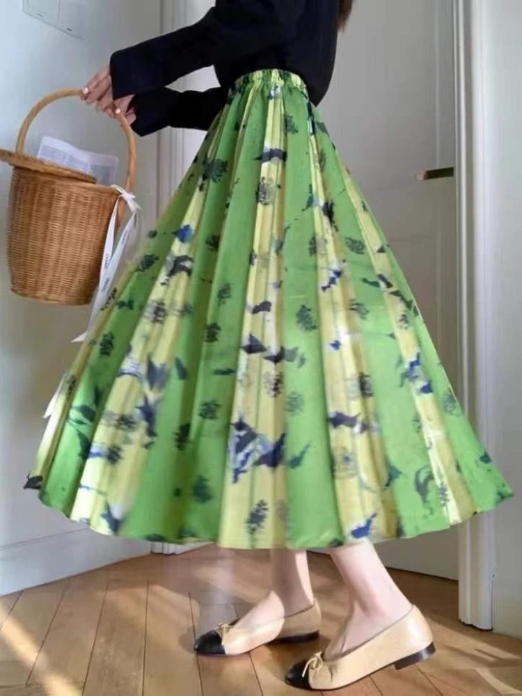 

Pleated High Elastic Waist A-line Printing Skirt For Women 2022 Spring Summer Green Skirts Female Fashion B993