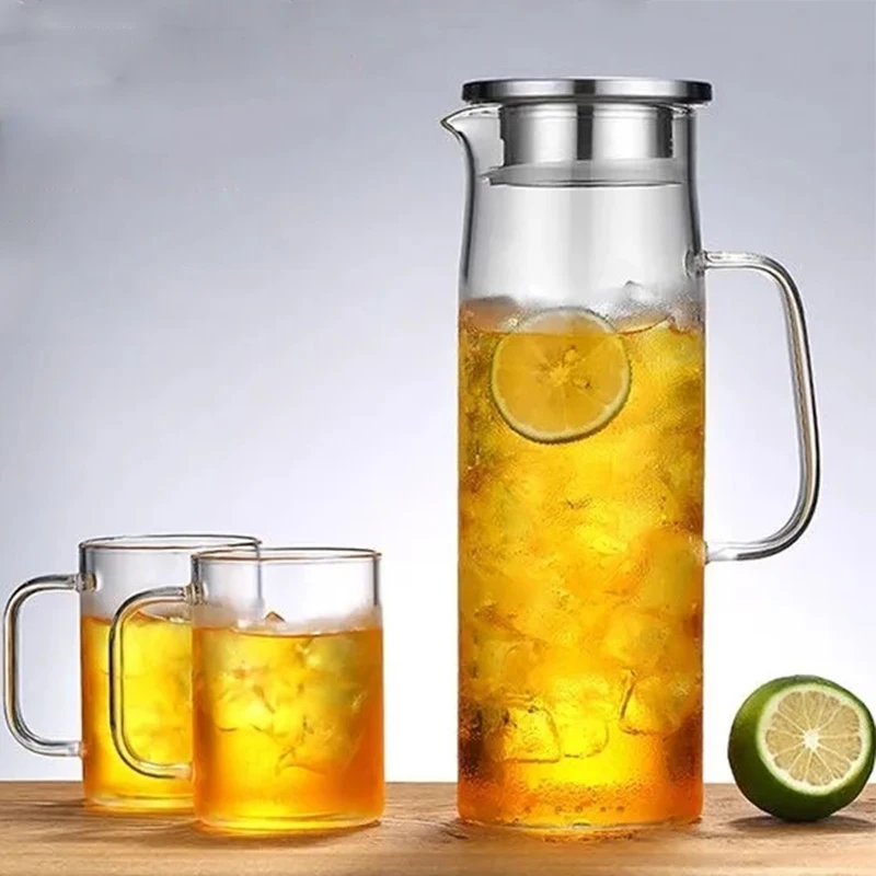 

1.7L Glass Water Pitcher with Handle Stainless Steel Lid Heat Resisttant Cold Hot Kettle Large-capacity Teapot Water Juice Jug