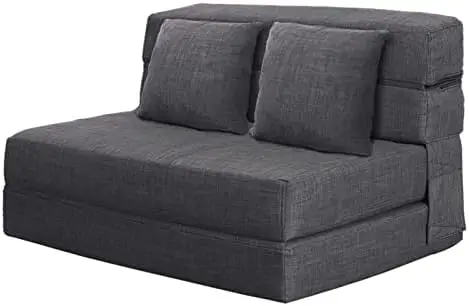 

60" Futon Sleeper Chair Guest Sofa Bed and Fold Out Couch with 2 Pillows ,Memory Foam, Washable Cover Queen Size, Dark Gray Cove