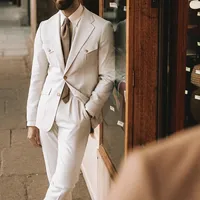 Linen Wedding Tuxedos Men's Suits for Summer Beach Groom Wear 2 Piece Coat Set Jacket with Pants  Male Business Attire