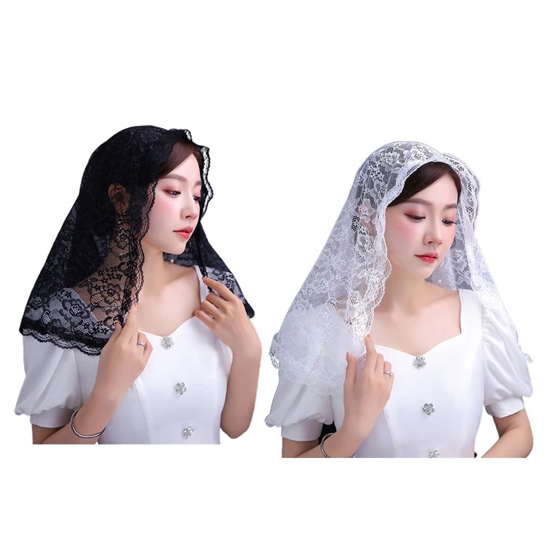 

652F Chapel Veil Mantilla Veils Latin Mass Flower Embroidered for Head Covering Lace Scarf for Confirmation Baptism 2 Co