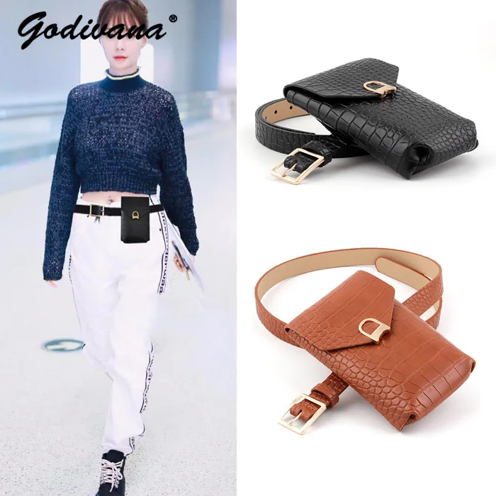 Crocodile Pattern Belt Waist Bag Women's Simple Decoration with Belt Ins Trendy Fashion Small Cell Phone Bag Waist Belt