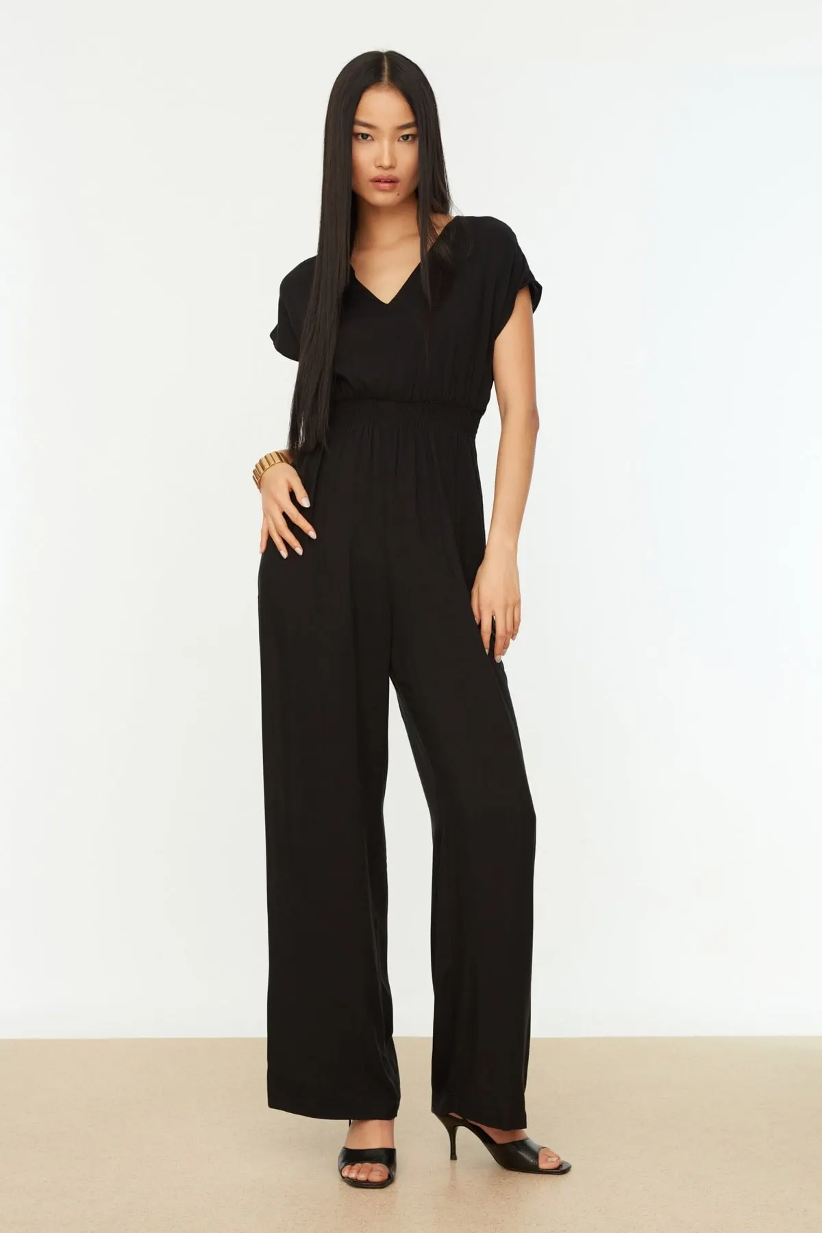 

Women's Overalls Black Gipe Detailed Jumpsuit Hot Style Quality Fabric Sleeveless Baggy Trousers Casual Jumpsuit