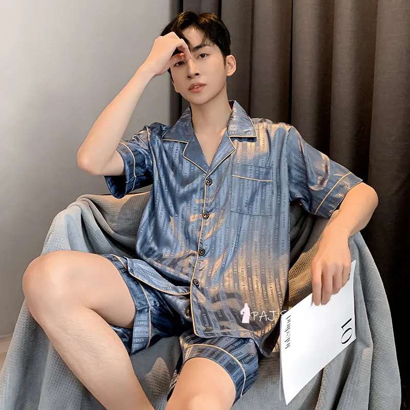 1 Set Men Silk Pajama set Big Size Sleepwear Summer Short Sleeved Home Wear Silk Pajamas Set for Homewear Pj Set M-5XL