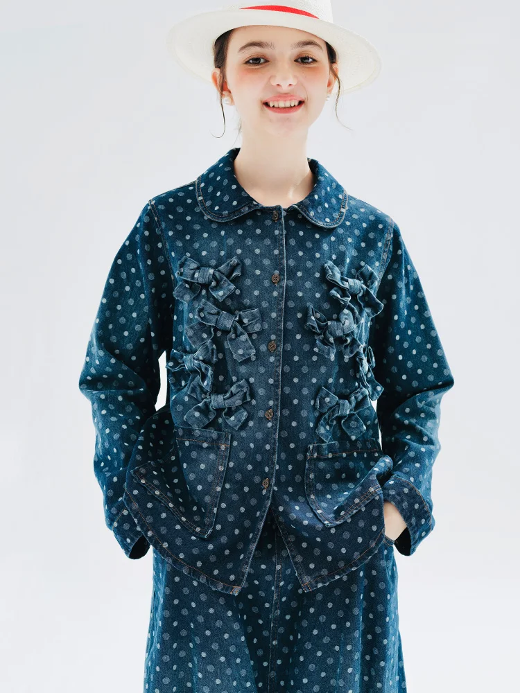 

IMAKOKONI original design Denim coat polka dot bow Long sleeve pocket lapel top Autumn and Winter 234211