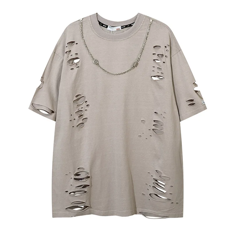 

High Street Ripped Holes Short Sleeves T-shirt Solid Color Streetwear Oversized Casual Top Tees Summer Harakuju Tees