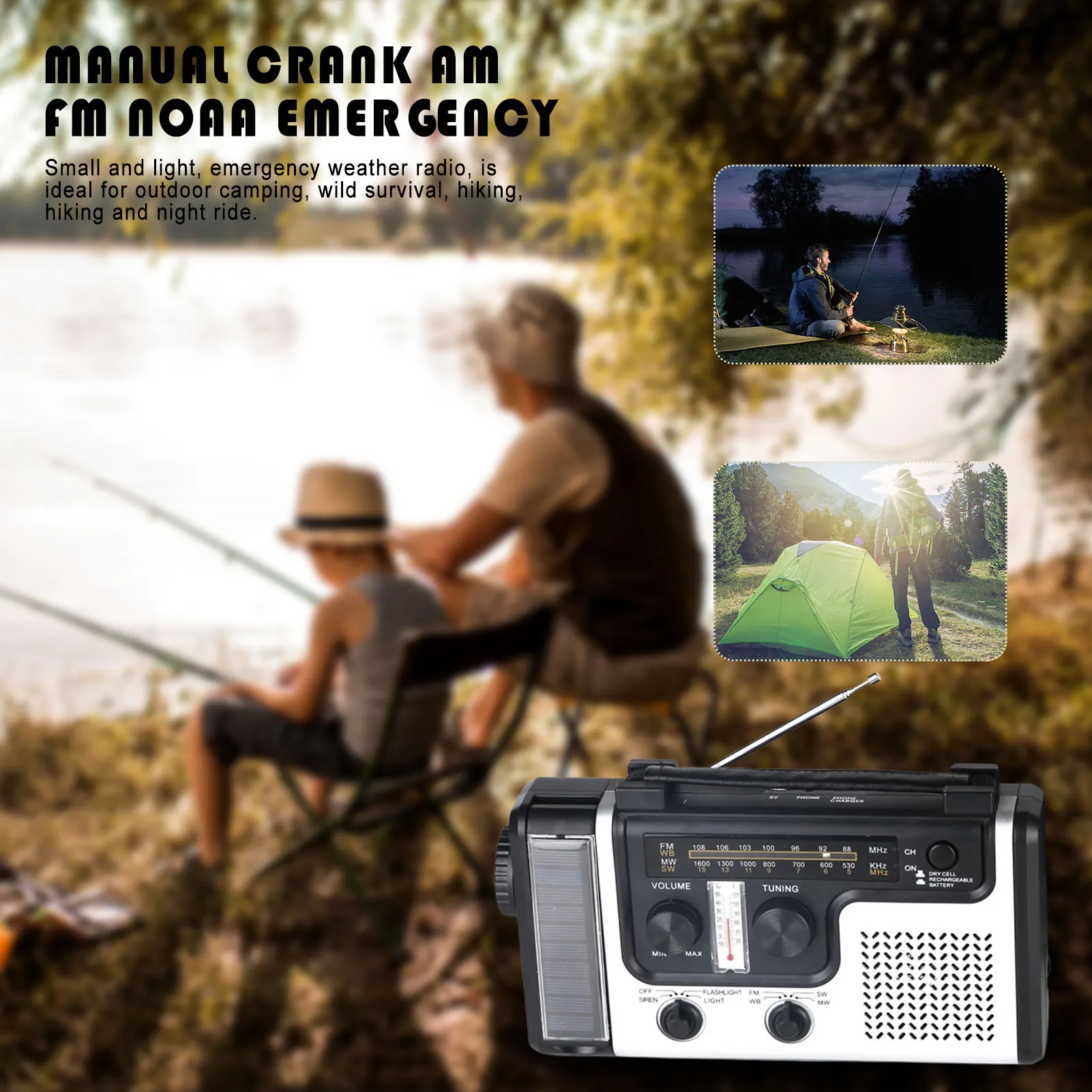 

Weather Radio AM FM SW Hand Crank Radio Solar Battery Operated Radios AM FM SW Multiband Equpped With USB Cable Speaker