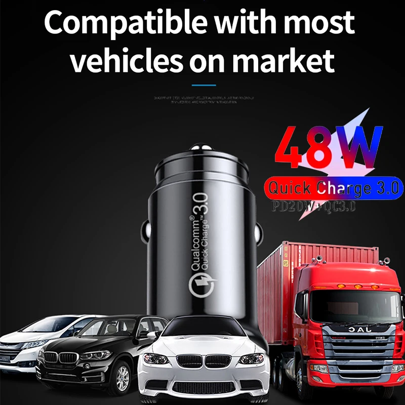 Автомобильное зарядное устройство PD 48W быстрой зарядки Quick Charge 4.0 QC3.0 с разъемом USB Type C для iPhone 14 Pro 12 11, Xiaomi, Samsung, MacBook, ноутбука.
