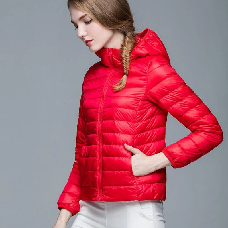 Women Down Jacket Hooded 90% White Duck Down Warm Overcoat Solid Color Portable Outerwear Ultra Light Down Coat Winter