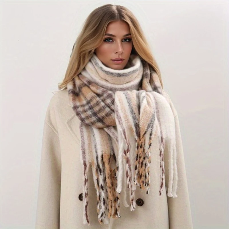 

Модный кашемировый цветной клетчатый шарф с кисточками, женский зимний плотный шарф из пашмины, теплая шаль, шейный платок, пончо, палантины