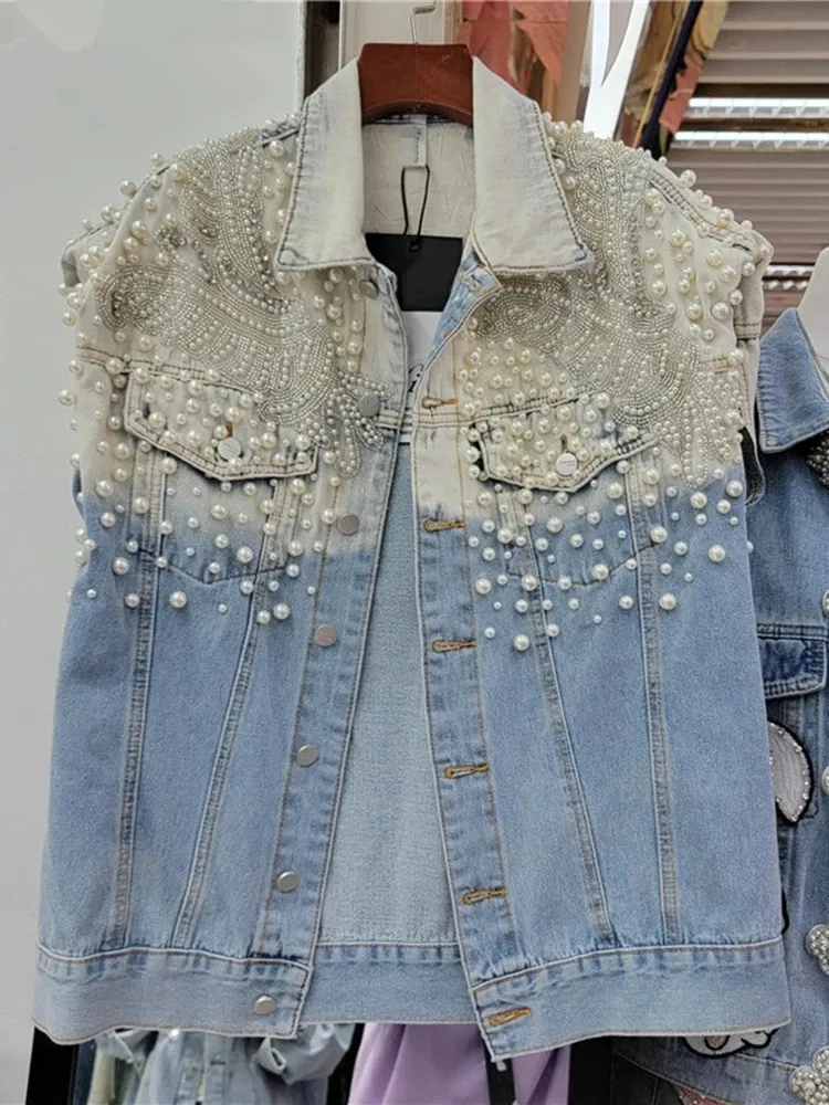 

Женский джинсовый жилет без рукавов, повседневный Свободный жилет в Корейском стиле с бисером и жемчужинами, весна 2023