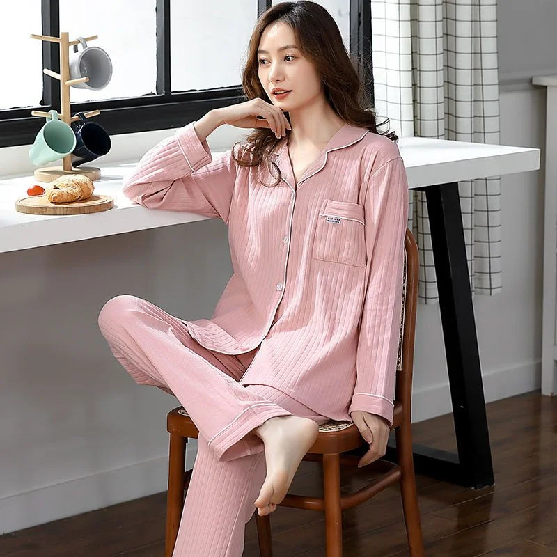 Autumn Pajamas Set Casual Sleepwear For Women Full Sleeve Shirt Solid Color Pyjama Women's  Fashion Soft Homewear Plus Size