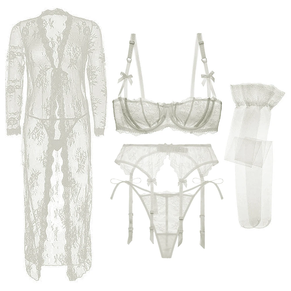 

Sexy lace push up half-cup bra ladies thin belt thong flower wedding white lingerie set bra+garter+2thong+stocking+robe 6pcs/set