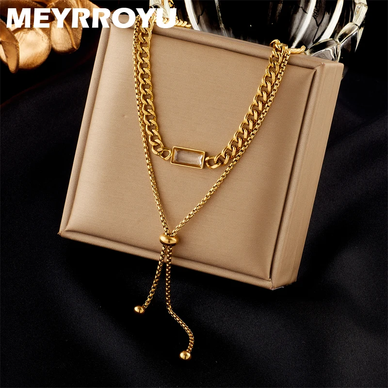 

MEYRROYU 316L Stainless Steel Double Chain Rectangle Zircon Pendant Clavicle Necklace For Women Gifts Jewelry Accessories Bijoux