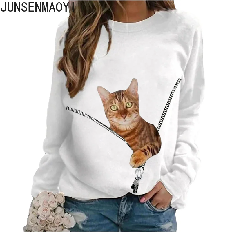 

New Fashion Ladies Sweater Casual Loose Cat Graphic Printed Long Sleeve Top Fall Winter Round Neck Pullover Women Loose T-shirt