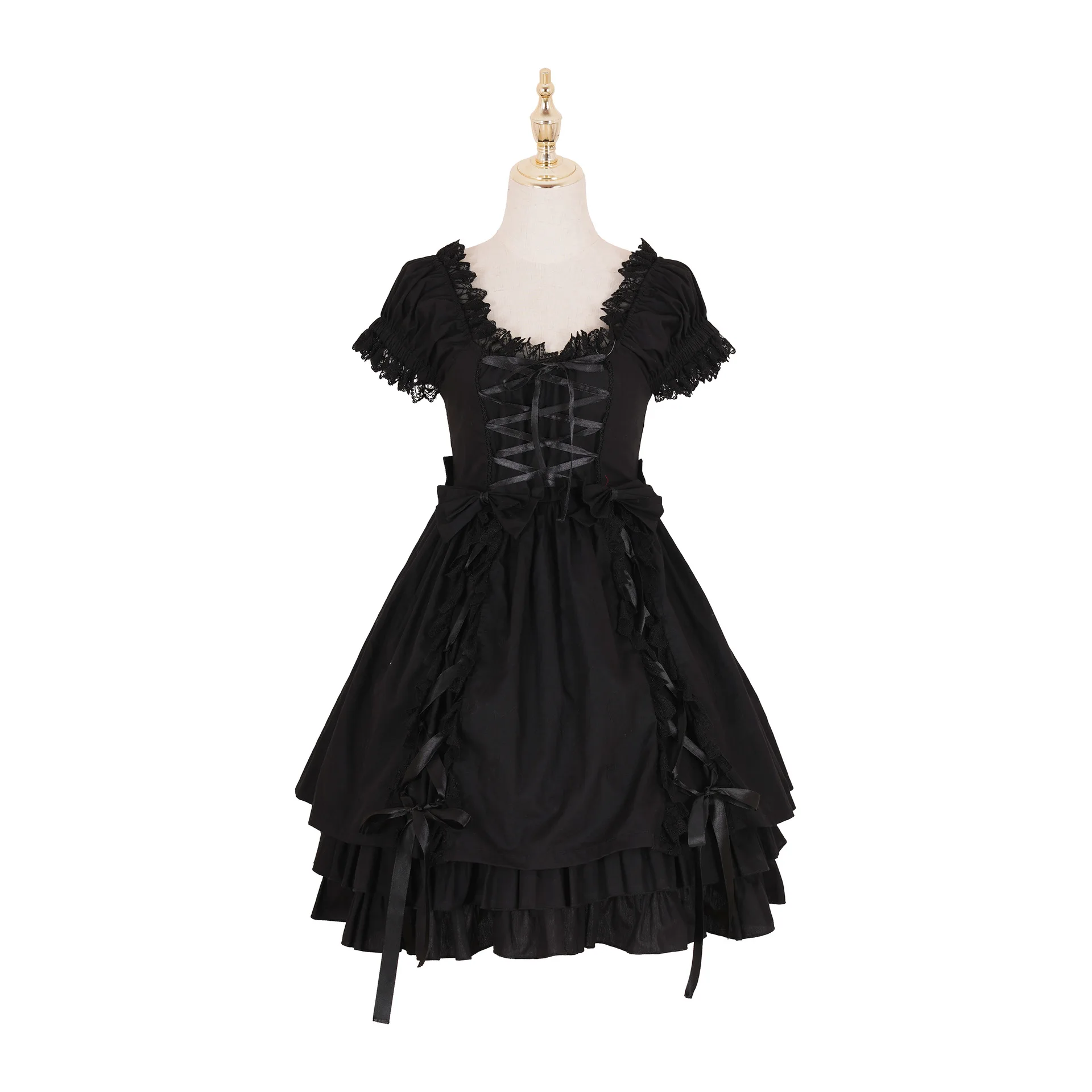 

Gothic Black Lolita Dress Short Sleeve Lace Up Lace and Bows Lolita One Piece Dress
