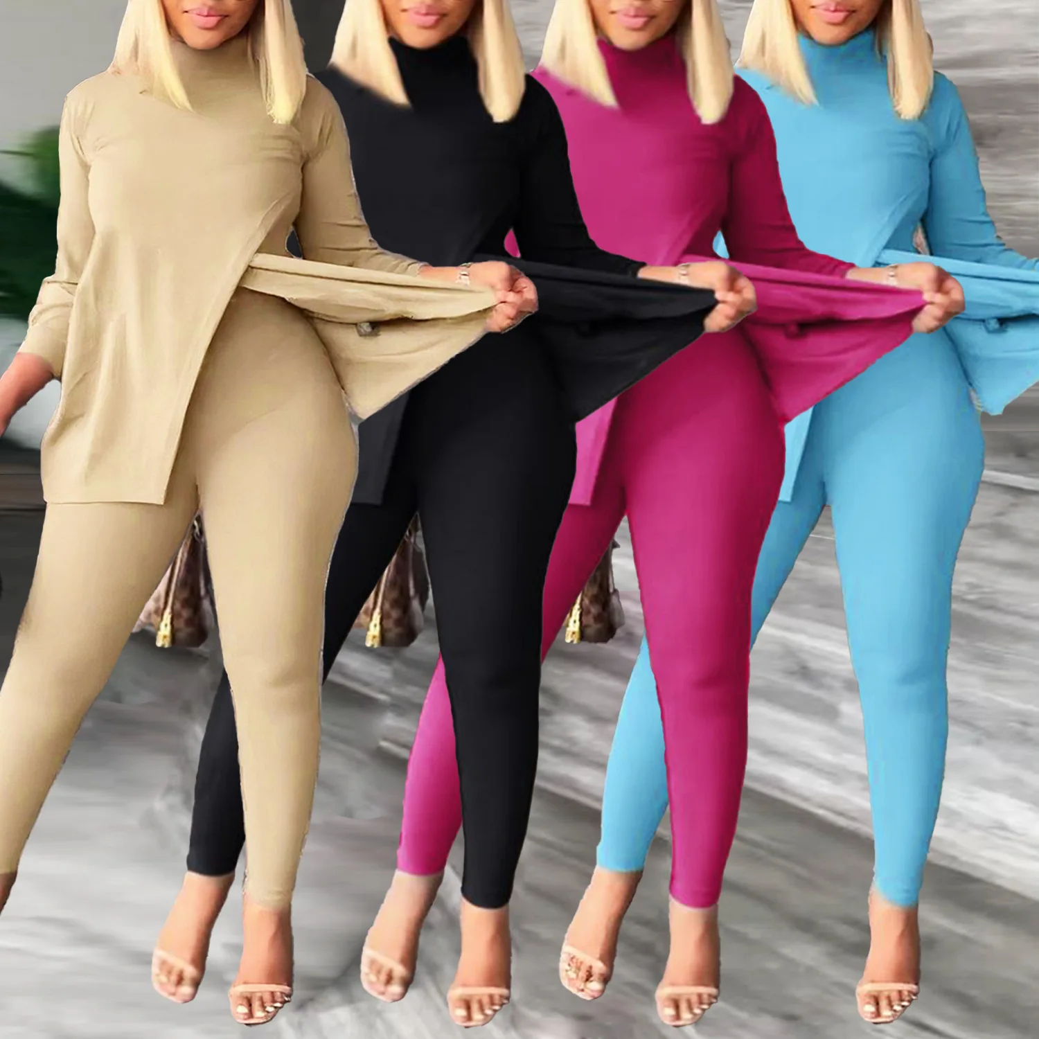 

Autumn and Winter Women's Fashion Two-piece Solid Colour Long Sleeve Casual Open T-shirt Leggings Slim Two-piece Women's Outfit