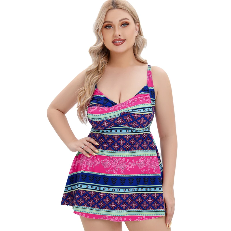 

Женские Танкини больших размеров 2023, женский купальник с принтом, размеры 5XL, купальные костюмы с принтом, Женский комплект из 2 предметов, купальное платье + брюки, пляжная одежда