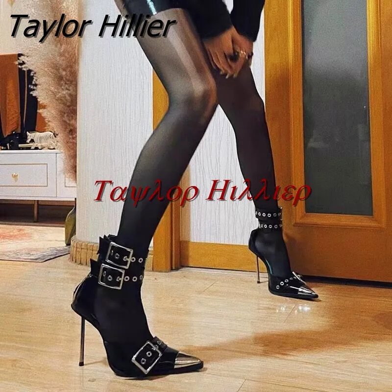 

Sexy Punk Style High-Heeled Shoes Women'S Black Pointed Metal Button Thin Heel Rivet Sandals Fashion Nightclub Large Summer 2023