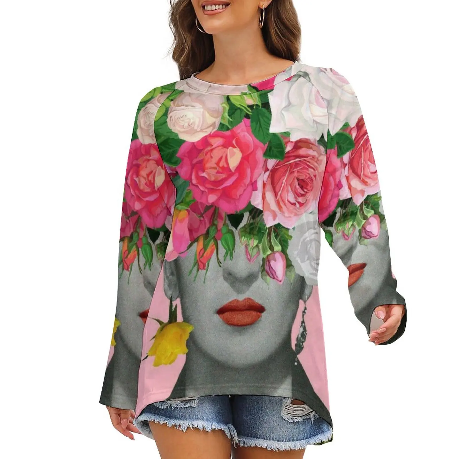 

Футболка женская оверсайз с длинным рукавом, простой топ с абстрактным принтом красивых цветов на голове, уличная одежда, подарок