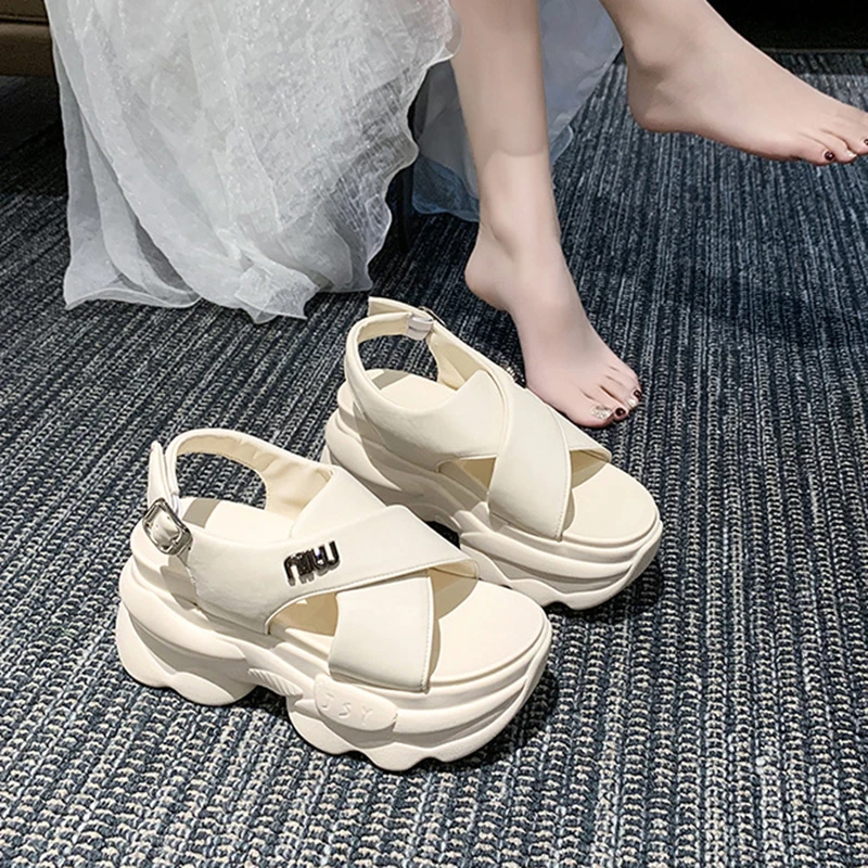 9CM Heightening Thick Bottom Heightening Women's Sandals Summer Fashion Casual Wedge Beach Slippers Non-slip Wear-resisting