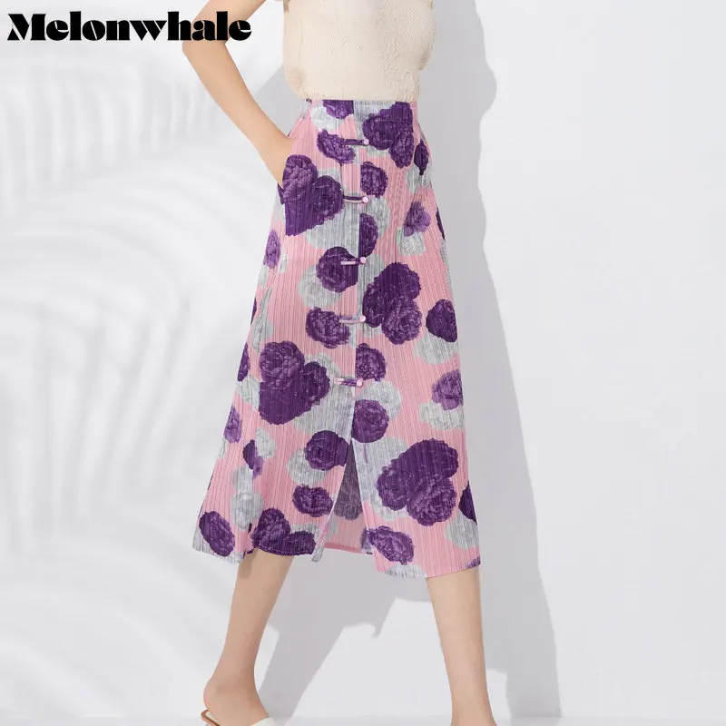 

MelonWhale Miyake Pleated Designer Floral Printed Straight Skirt Slit Women 2023 New Spring Summer High Waist Wrap Women Clothes