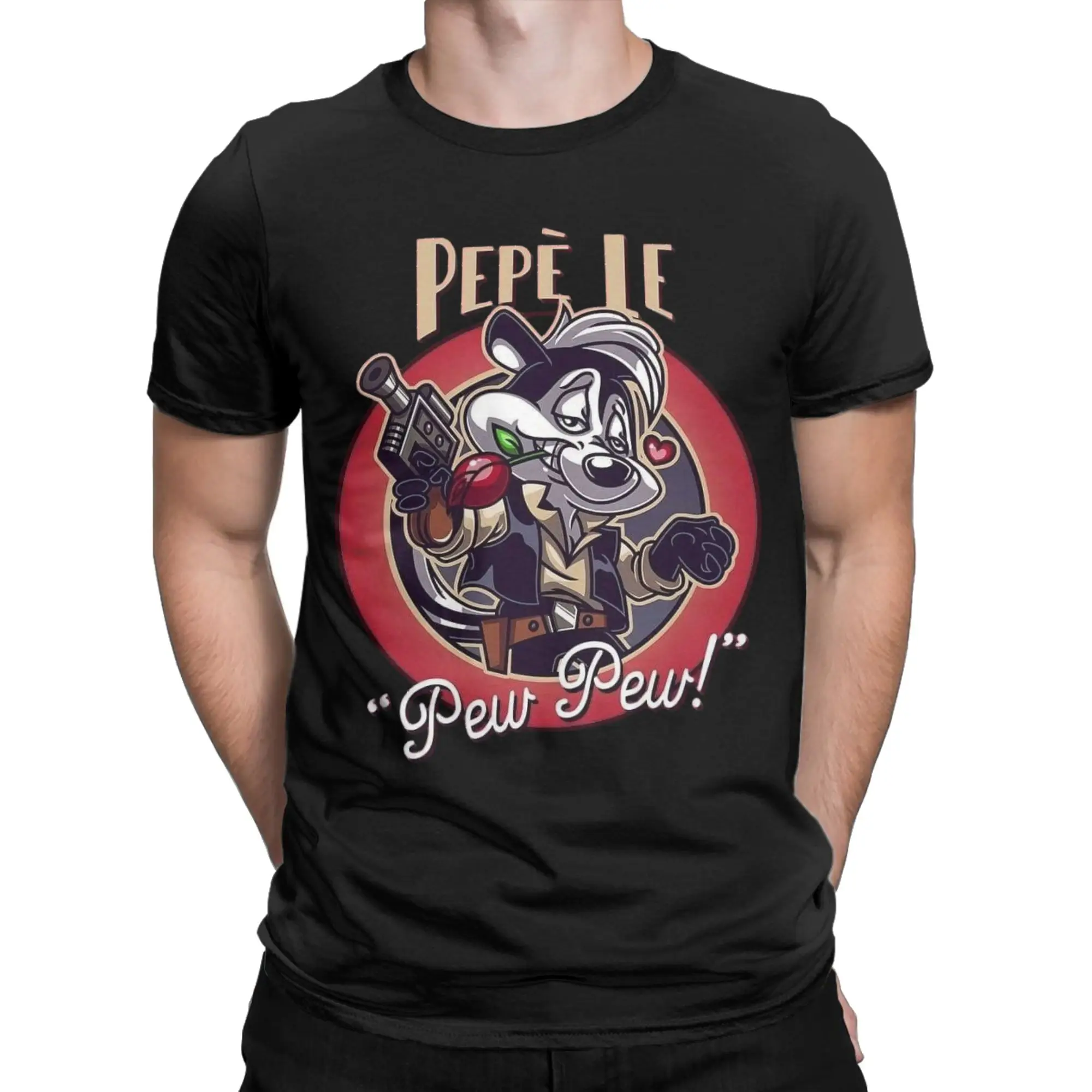 Фото Забавные футболки Pepes Le Pew Penelope Skunk Love Rose для мужчин, хлопковая футболка с круглым вырезом, футболки с короткими рукавами, топы с графическим рисунком №1