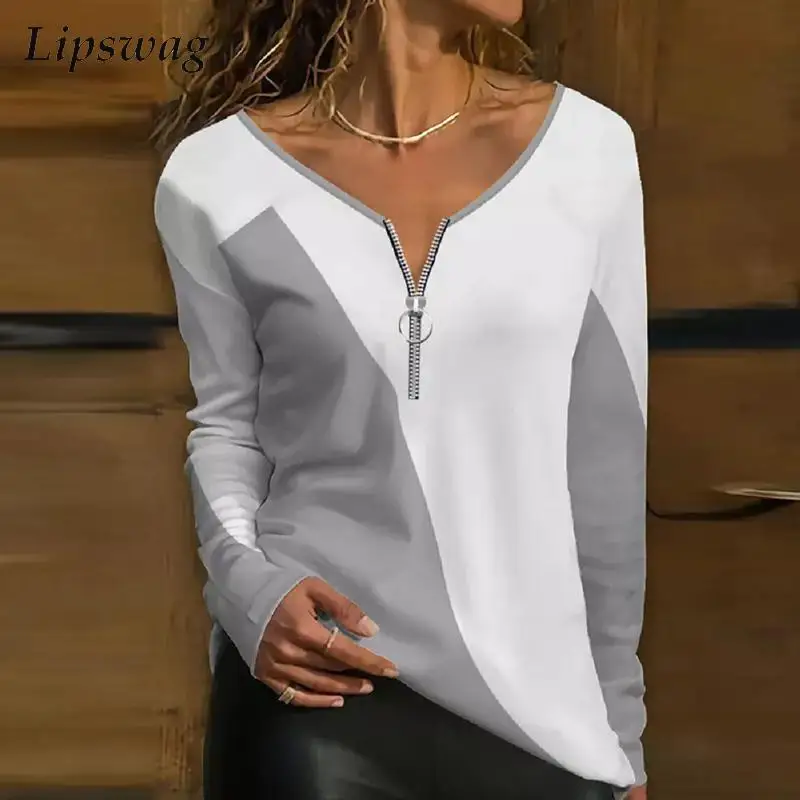 

5XL Vintage Block Color Patchwork Loose Sweatshirt Fashion Zipper Design Women Tops Pullover Female Casual Long Sleeve Tee Shirt