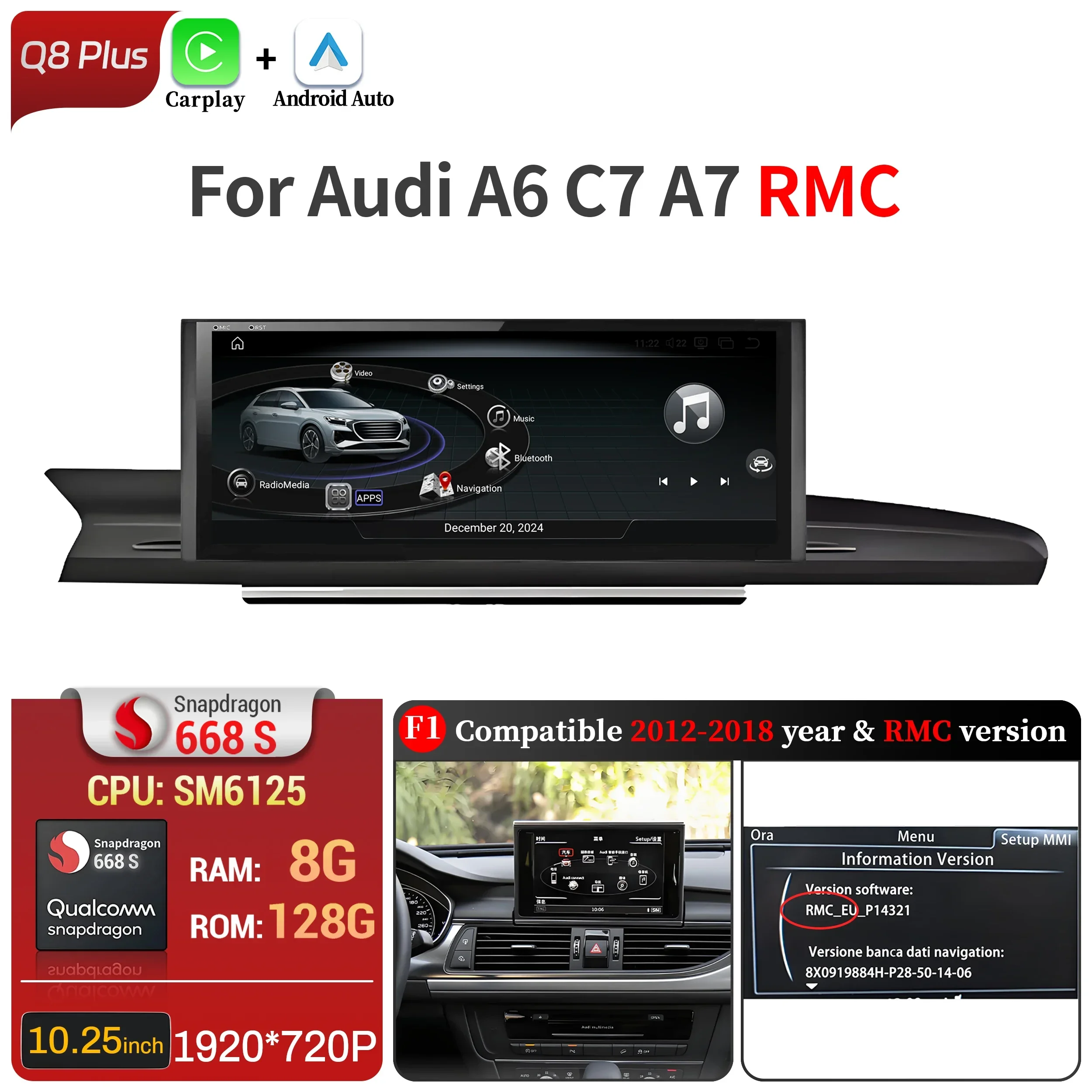

10,25-дюймовый левый руль Android 13 для Audi A6 C7 A7 2012-2018 автомобильный радиоприемник беспроводной BT Carplay Qualcomm Snapdragon 680 экран