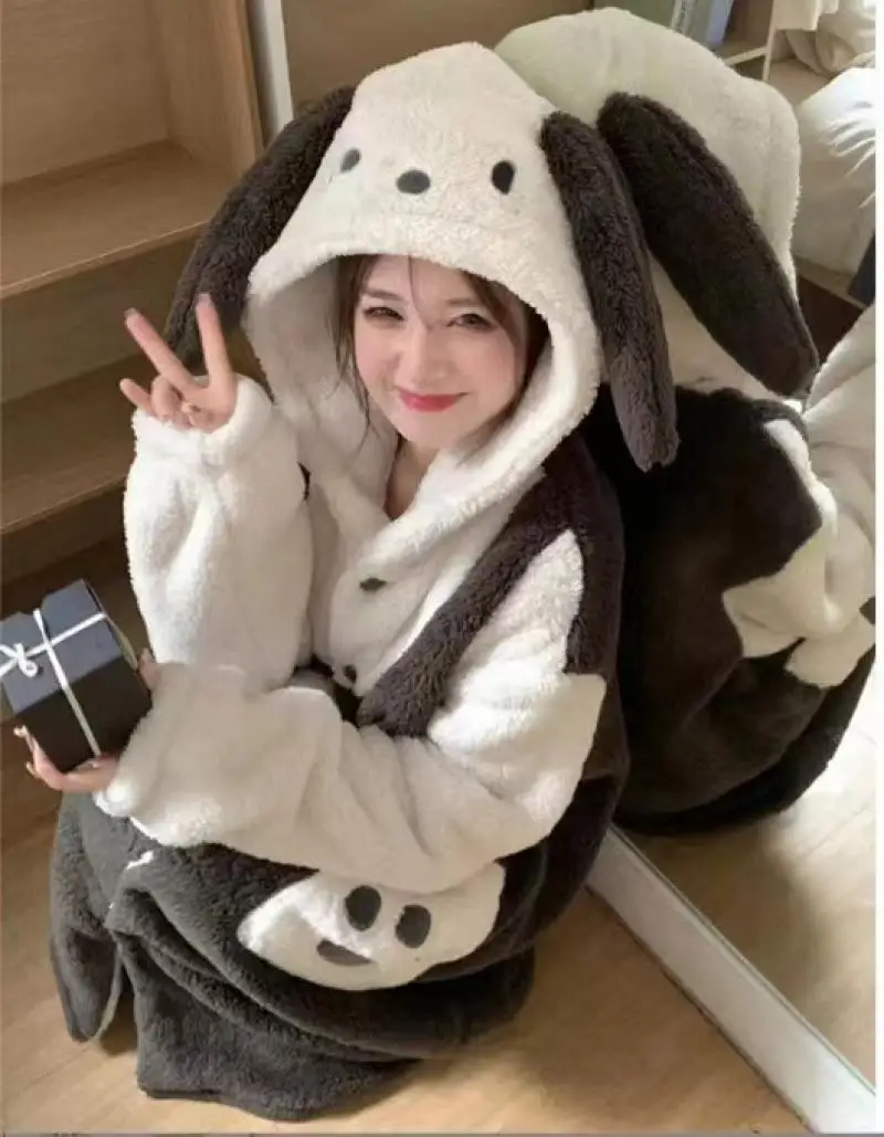 

Kawaii Sanrio Pajama Lovely Cinnamoroll Pochacco Coral Velvet Nightgown Autumn and Winter Warm Coral Velvettwo Piece Home Wear