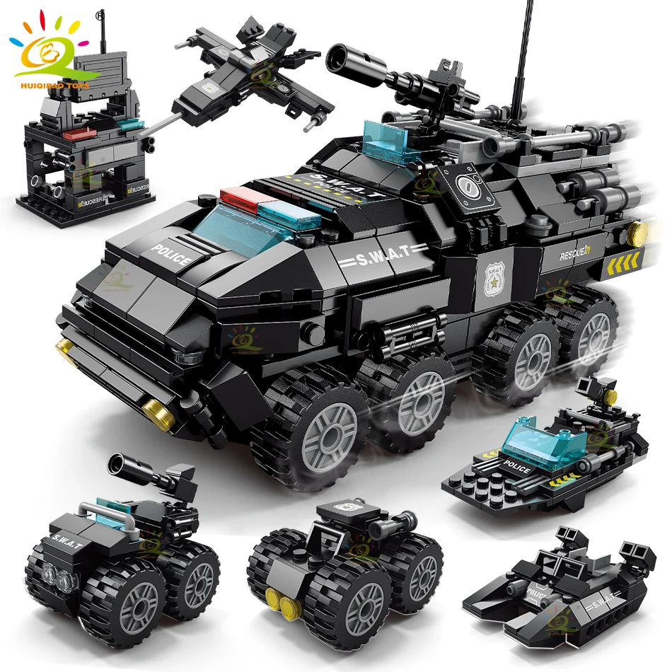 HUIQIBAO 6в1 спецназ строительные блоки для автомобилей полицейский участок грузовик самолет автомобиль кирпичи город строительные игрушки для детей