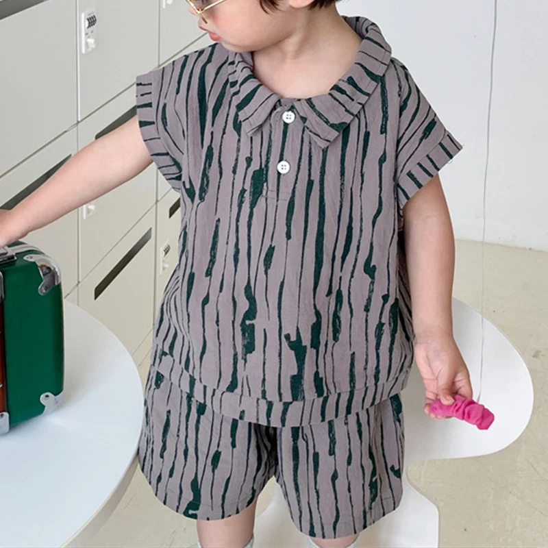 Freely Move Boys Girls Clothing Sets 2022 Summer Baby Girls Clothes Cotton Striped Shirts Casual Kids Children Clothes Suits