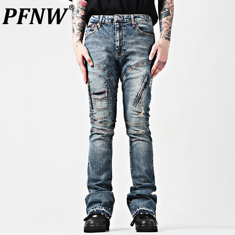 

PFNW Autumn Men's American Multi Pockets Washable Vintage Jeans Chic Wearproof Worn Out Motorcycle Denim Flare Trousers 12Z1648