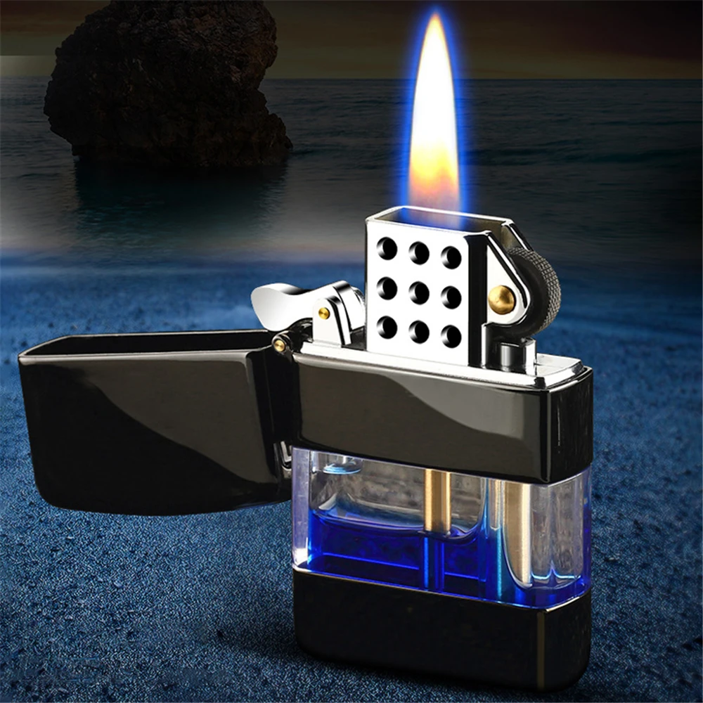 

Керосиновая зажигалка, прозрачный масляный резервуар, металлический раскладушка, шлифовальный круг, ветрозащитная бензиновая зажигалка, а...